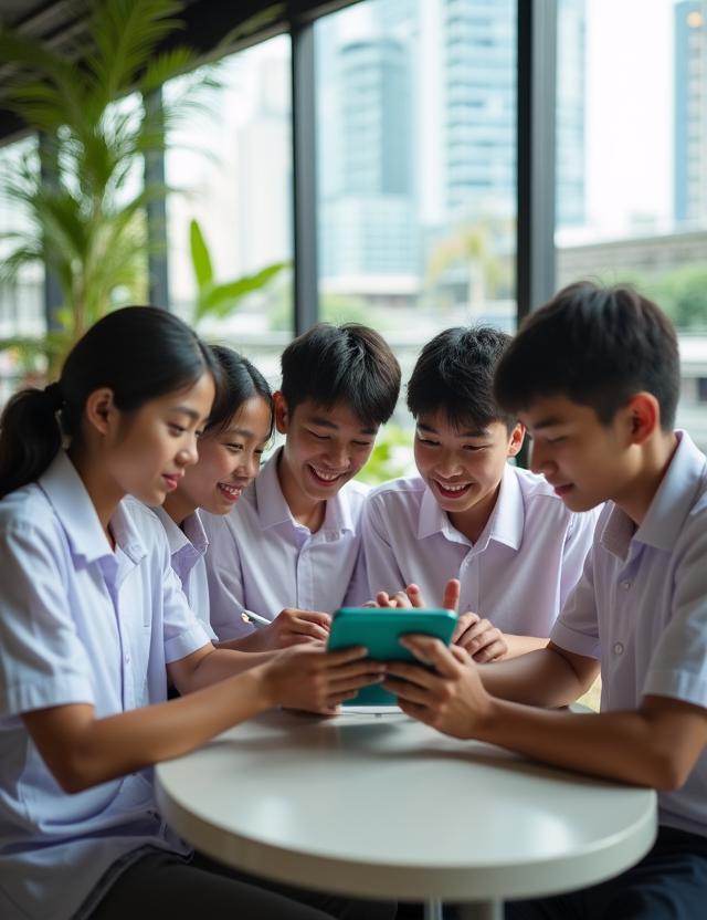 นักเรียนมัธยมในกรุงเทพฯ กำลังพูดคุยเรื่องการออมเงินบริเวณย่านพญาไท